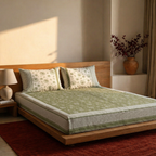Marigold Fern Green and Off-White Bedsheet, The Linen Room. Handmade in India by House of Taraasha.
