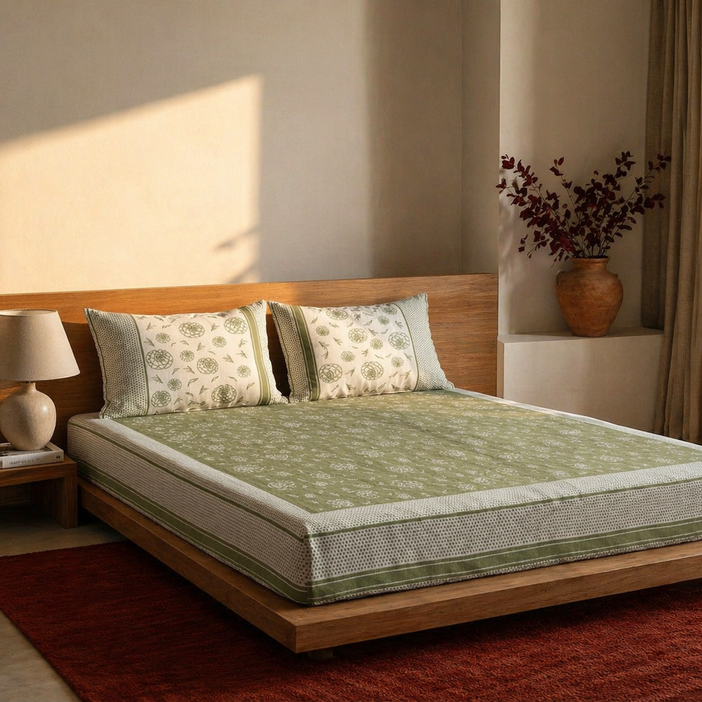 Marigold Fern Green and Off-White Bedsheet, The Linen Room. Handmade in India by House of Taraasha.