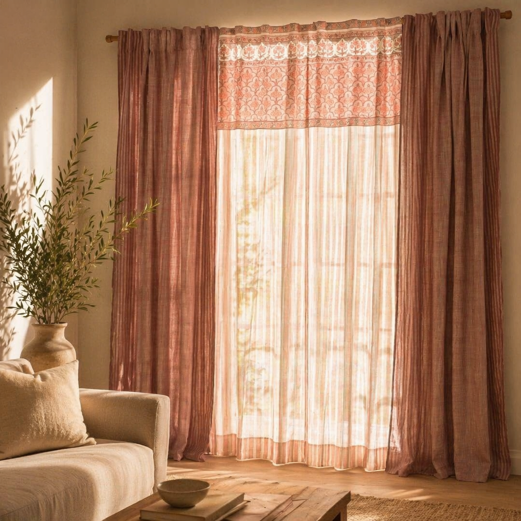 Royal Courtyards Dusty Pink & Off-White Woven-Printed Set of Three, The Draped Window. Handmade in India by House of Taraasha.