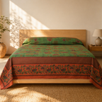 Chintz Revival Green and Brick Red Bed Cover, The Linen Room. Handmade in India by House of Taraasha.