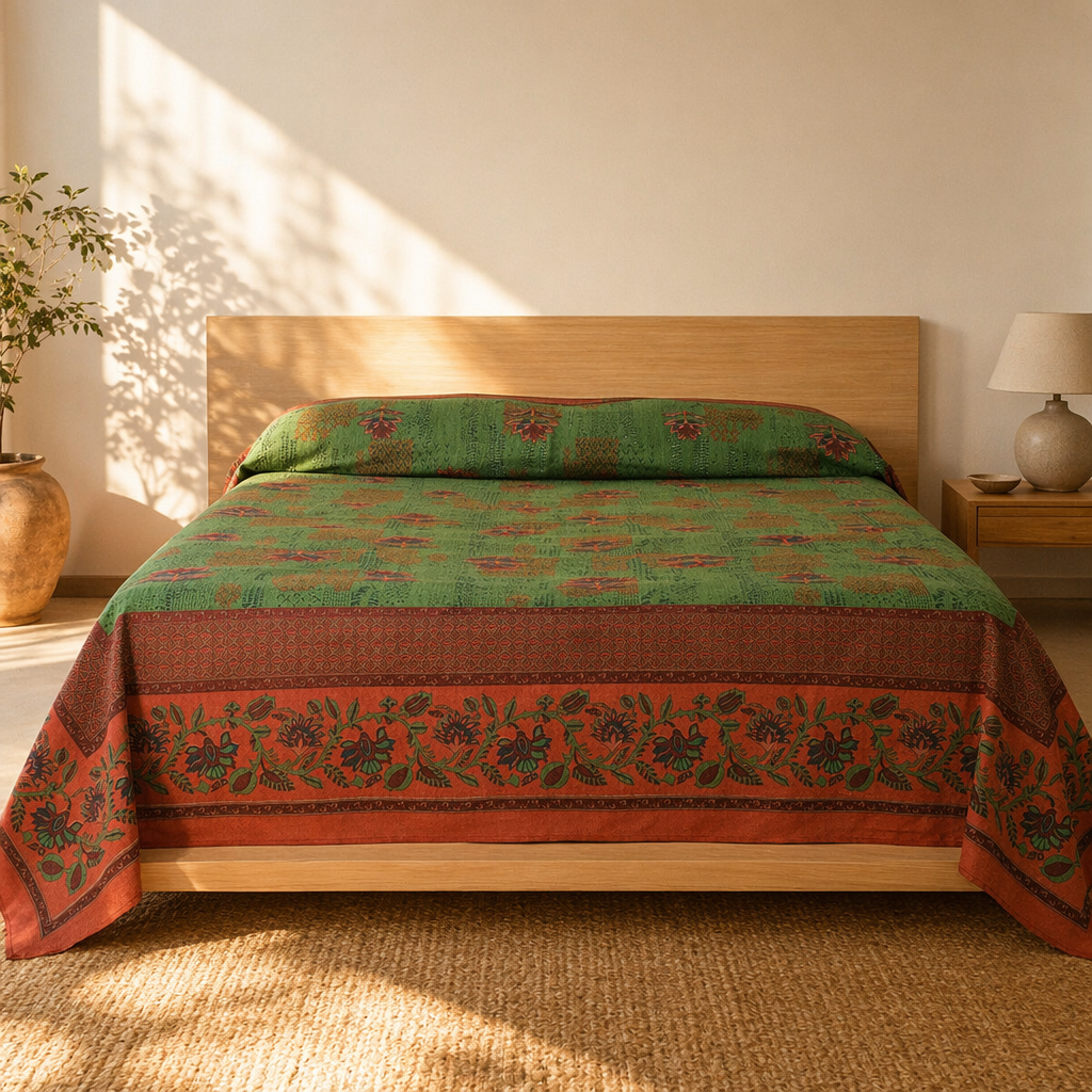 Chintz Revival Green and Brick Red Bed Cover, The Linen Room. Handmade in India by House of Taraasha.