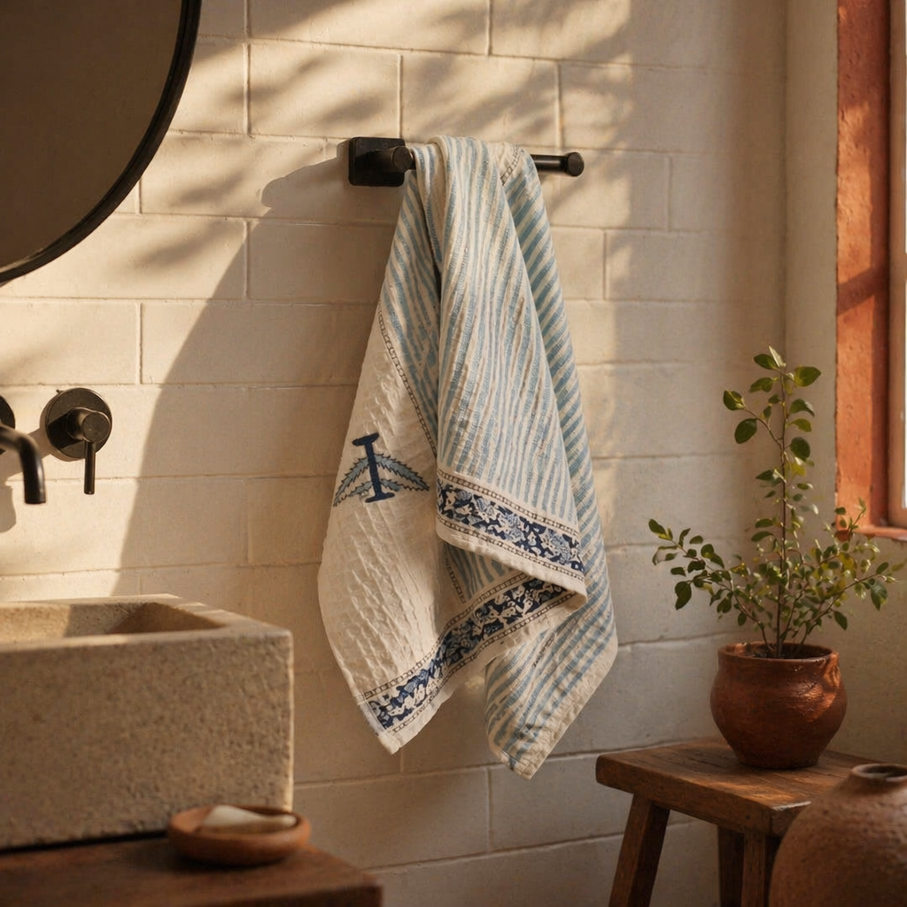 Evergreen Floral White and Blue Block-Printed Towels, The Linen Room. Handmade in India by House of Taraasha.