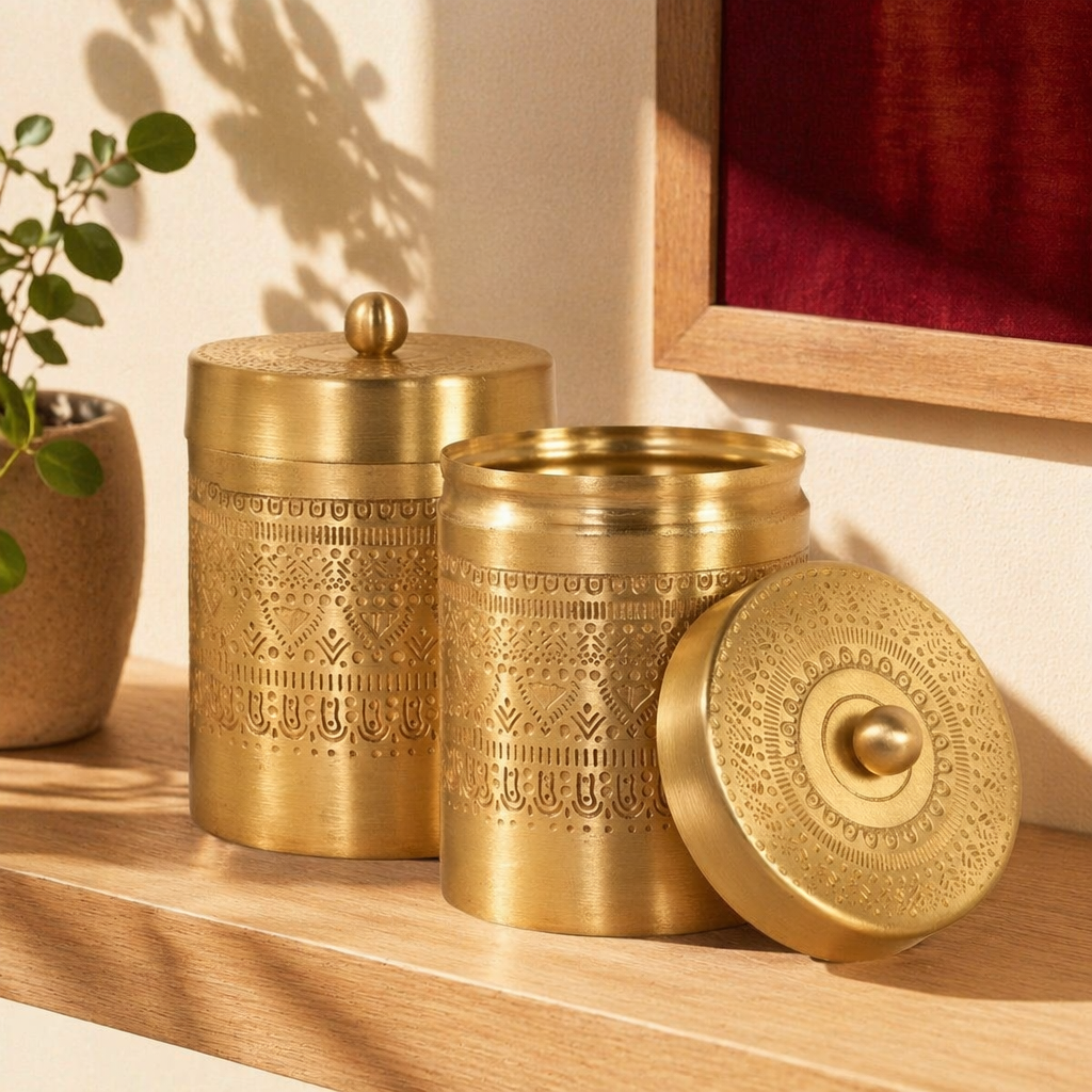 Moradabad Floral-Etched Pure Brass Dabba Pair, The Brass Atelier. Handmade in India by House of Taraasha.