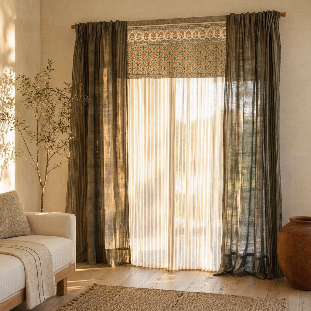 Royal Courtyards Green & Dusty Pink Woven-Printed Set of Three, The Draped Window. Handmade in India by House of Taraasha.
