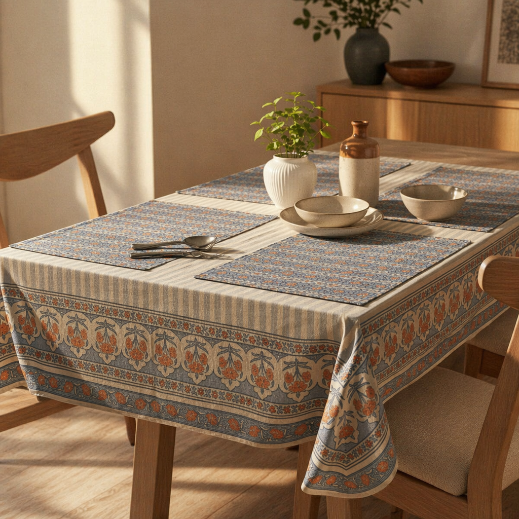Blue & Dusty Pink Floral Cotton Tablecloth & Mat Set, The Gathered Table. Handmade in India by House of Taraasha.