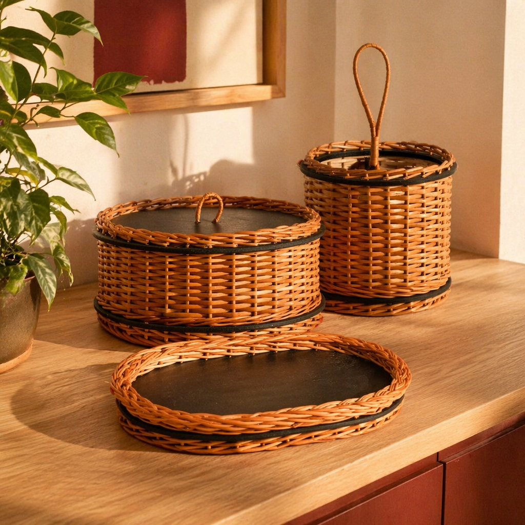 Kashmir Willow Storage Box, Tray & Cutlery Caddy, The Brass Atelier. Handmade in India by House of Taraasha.