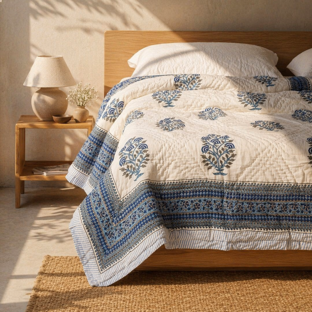 Blue Mist Reversible Jaipuri Razai, The Linen Room. Handmade in India by House of Taraasha.