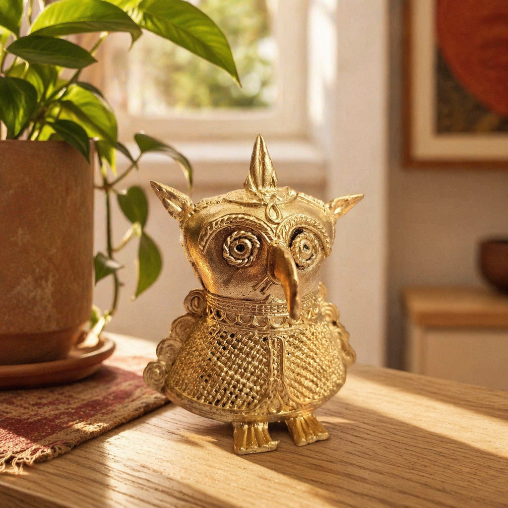 Dhokra Brass Owl Bastar Lost-Wax Casting, Tribal Stories. Handmade in India by House of Taraasha.