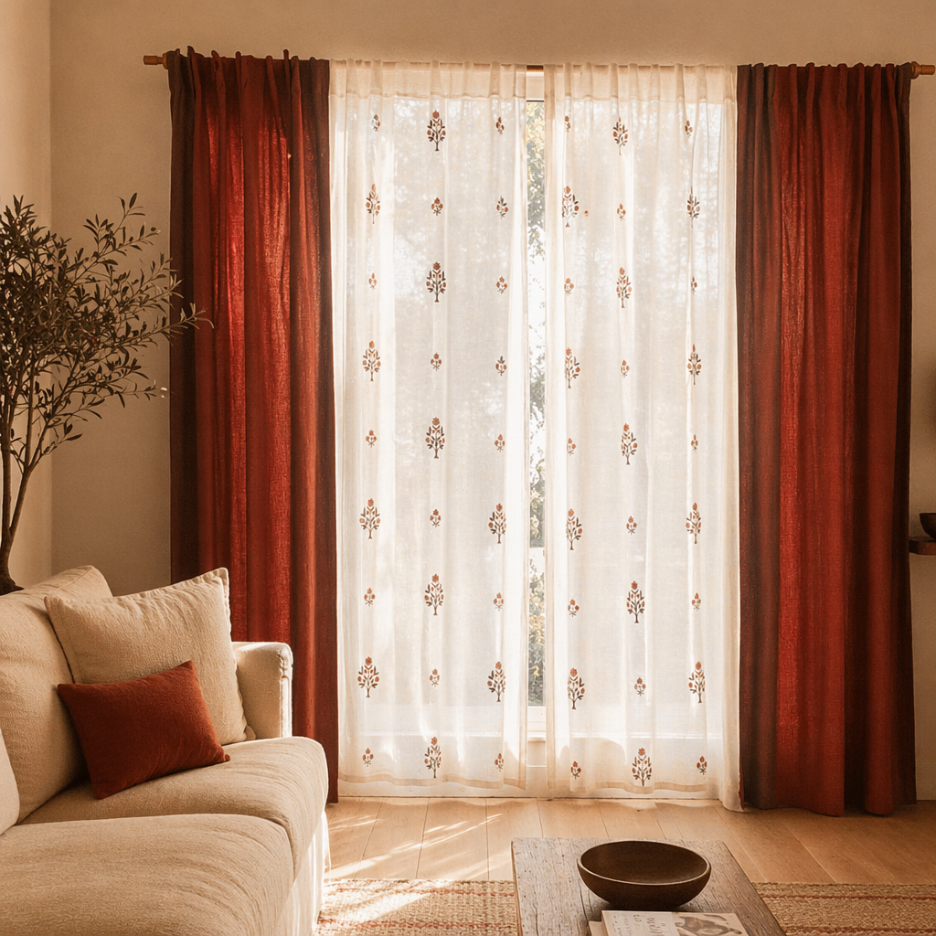 Royal Courtyards Rust & Maroon Woven-Sheer Curtain Set of Four, The Draped Window. Handmade in India by House of Taraasha.