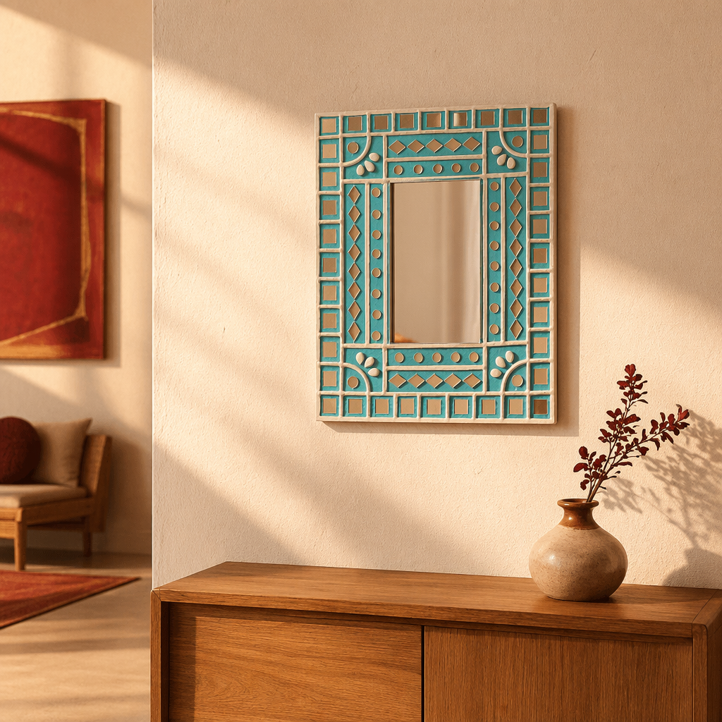 Turquoise Lippan Mirror Kutch Mud and Glass, The Art Wall. Handmade in India by House of Taraasha.