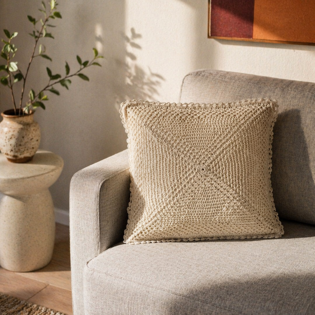 Quad Pattern White Hand-Crocheted Cushion Cover, The Living Room. Handmade in India by House of Taraasha.
