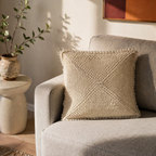 Quad Pattern White Hand-Crocheted Cushion Cover, The Living Room. Handmade in India by House of Taraasha.
