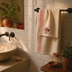 Rose Print Off White Hand Block-Printed Towel Set, The Linen Room. Handmade in India by House of Taraasha.