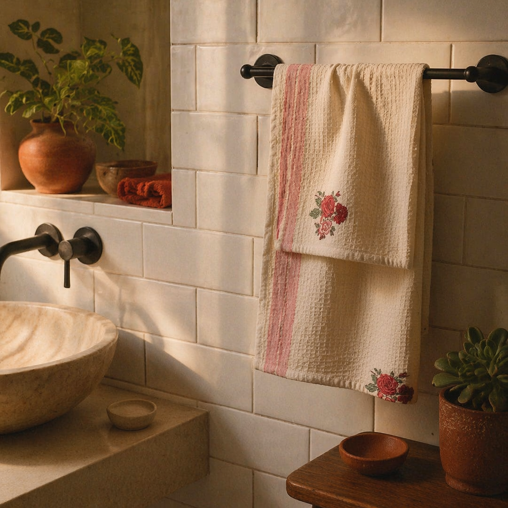 Rose Print Off White Hand Block-Printed Towel Set, The Linen Room. Handmade in India by House of Taraasha.