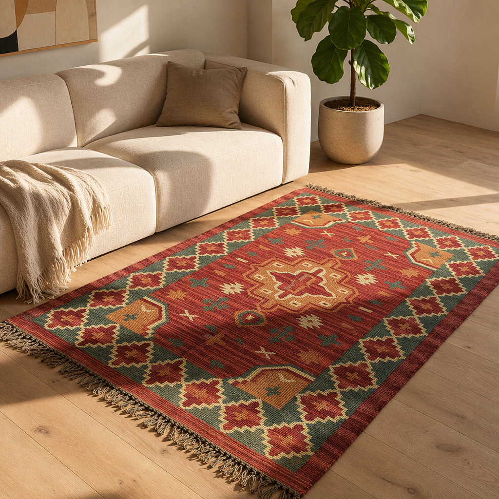 Geometric Rust Punja-Woven Jute and Wool Rug, The Woven Floor. Handmade in India by House of Taraasha.