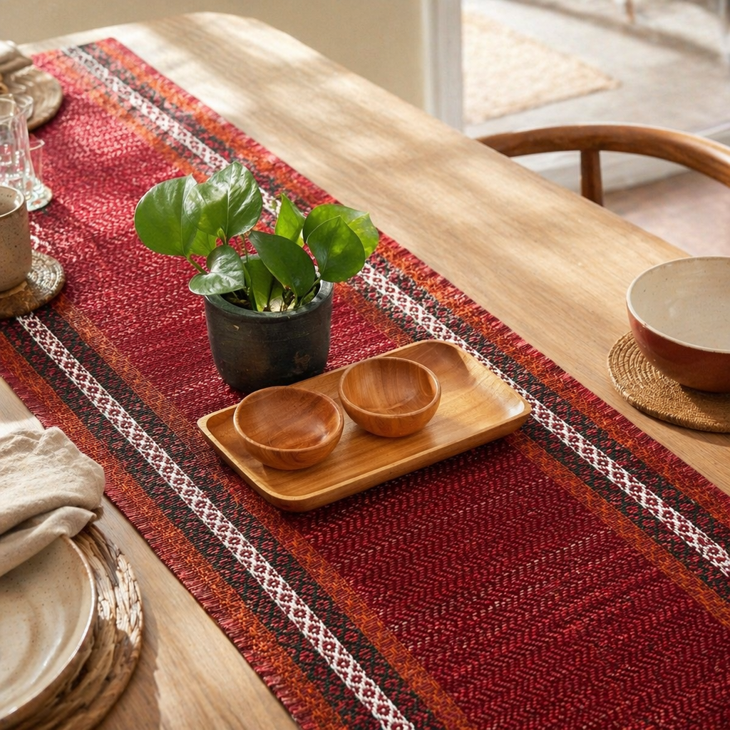 Madur Beige Handwoven Grass Table Runner, The Gathered Table. Handmade in India by House of Taraasha.