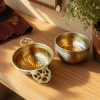 Moradabad Brass Tea Strainer with Rest, The Brass Atelier. Handmade in India by House of Taraasha.