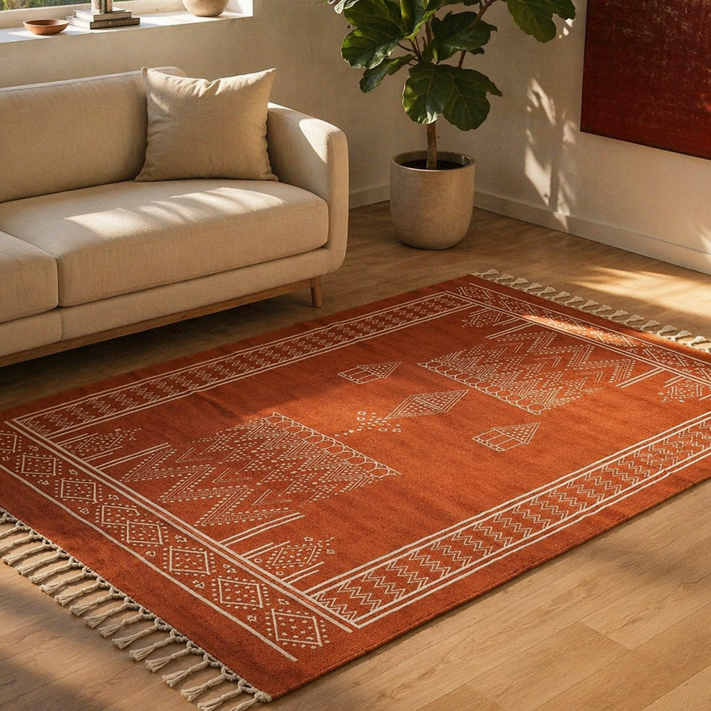 Mandana Diamond Hand-Printed Rust Cotton Rug, The Woven Floor. Handmade in India by House of Taraasha.