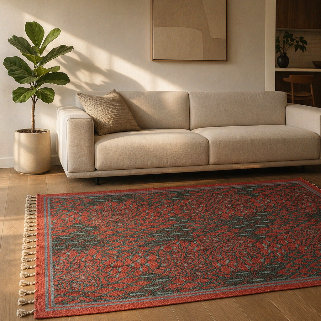 Maroon, Navy and Green Chintz Floral Block-Printed Cotton Rug, The Woven Floor. Handmade in India by House of Taraasha.