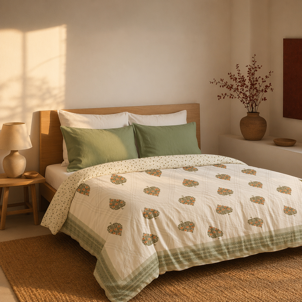 Ornate Trees Reversible Block-Printed Quilt, The Linen Room. Handmade in India by House of Taraasha.