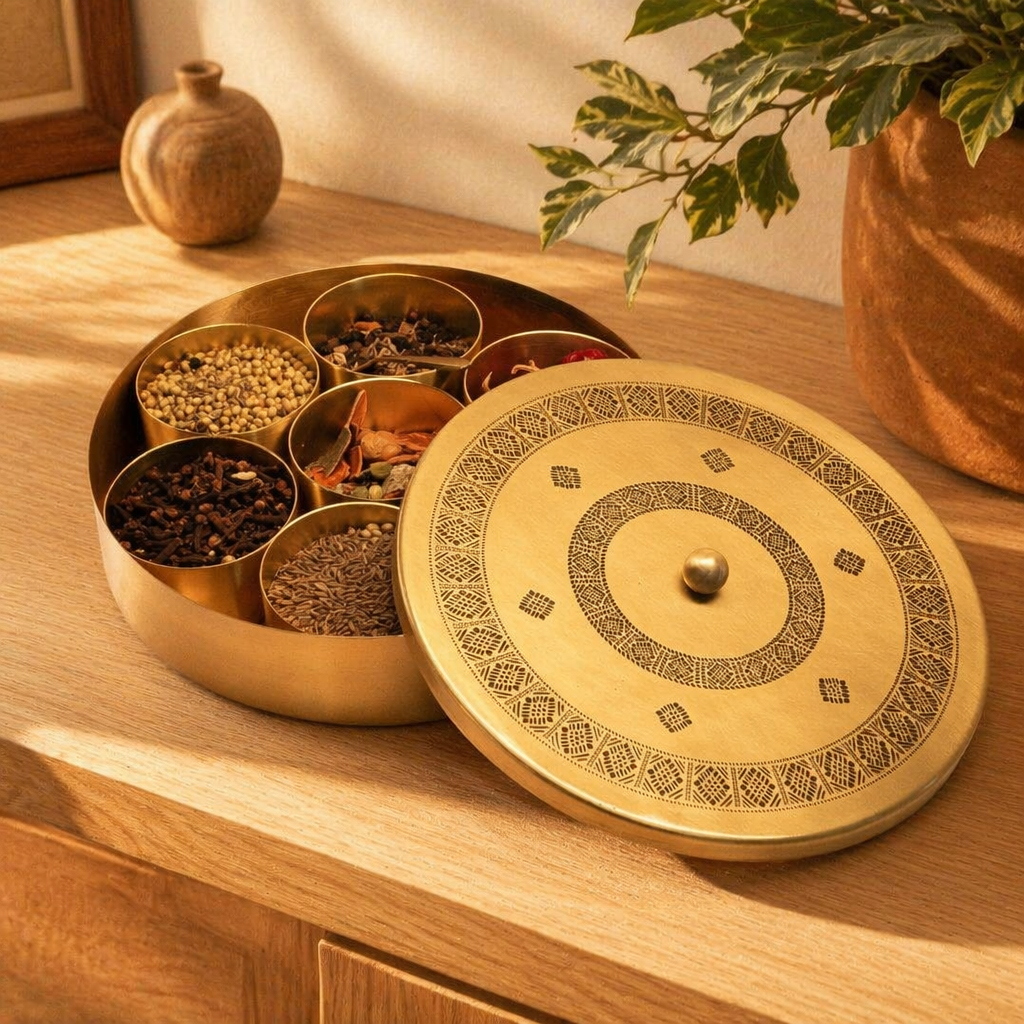 Kanjeevaram Premium Pure Brass Masala Dabba, The Brass Atelier. Handmade in India by House of Taraasha.