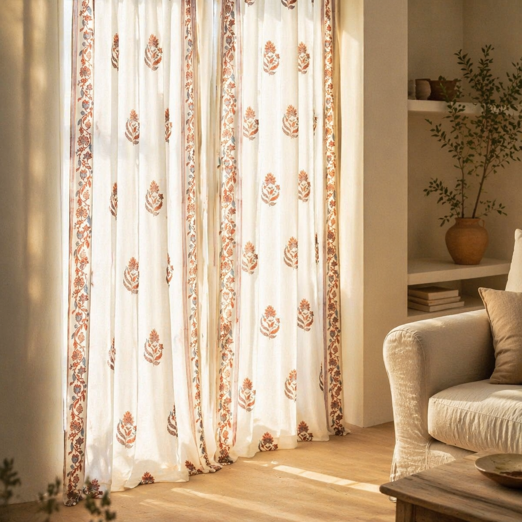 Mulmul Chintz Sheer Off-White, Brick Red and Navy, The Draped Window. Handmade in India by House of Taraasha.