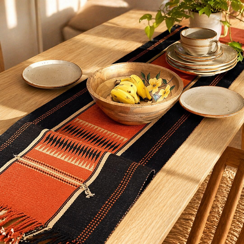 Naga Backstrap-Woven Runner Tangerine and Black, The Gathered Table. Handmade in India by House of Taraasha.