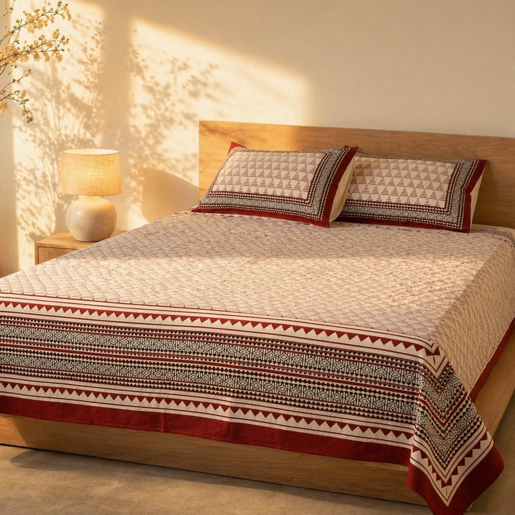 Bagru Geometric Cotton Bedsheet in Black and Maroon, The Linen Room. Handmade in India by House of Taraasha.