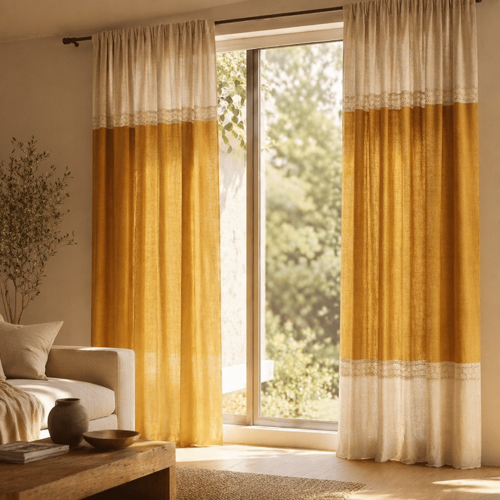 Reversible Mustard and Off-White Door Curtain, The Draped Window. Handmade in India by House of Taraasha.