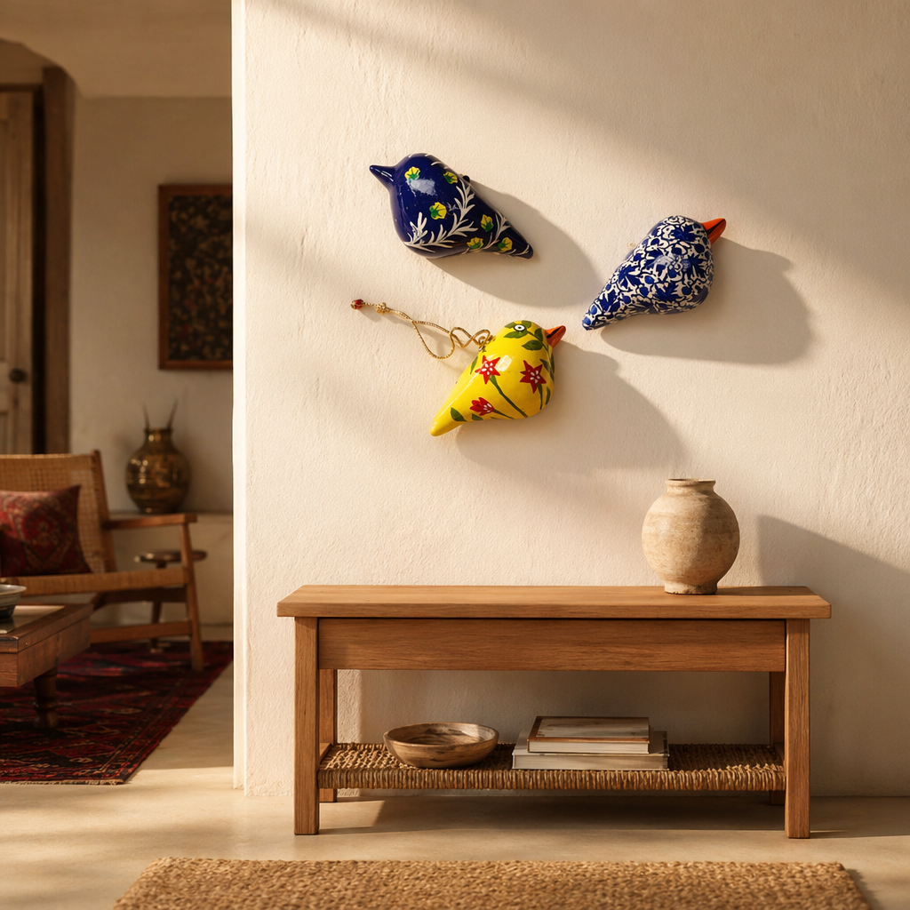 Kashmir Papier-Mâché Doves Hand-Painted Trio, The Art Wall. Handmade in India by House of Taraasha.