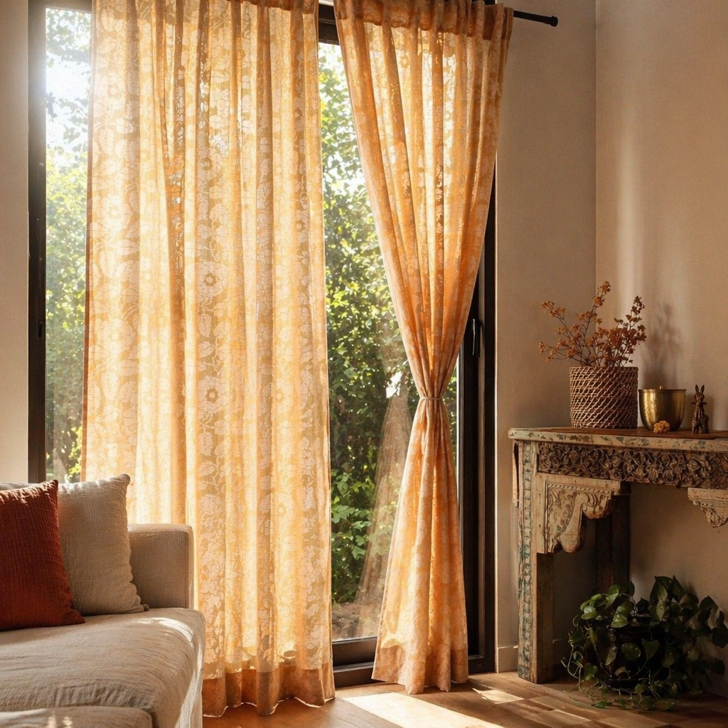 Peach Yellow Karhuwa Cutwork Door Curtain, The Draped Window. Handmade in India by House of Taraasha.