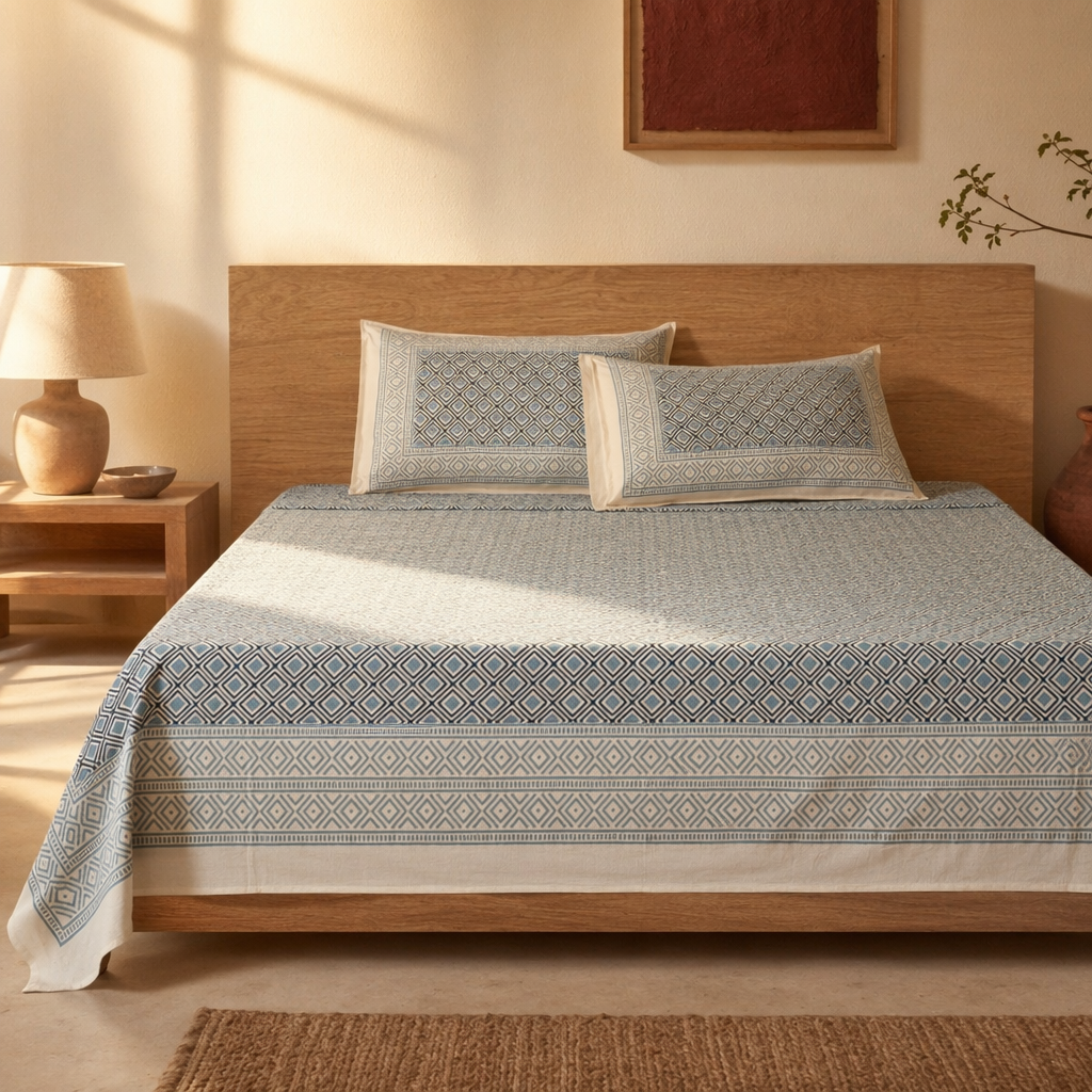 Mustard & Black Bagru Tiled Geometric Bedsheet, The Linen Room. Handmade in India by House of Taraasha.