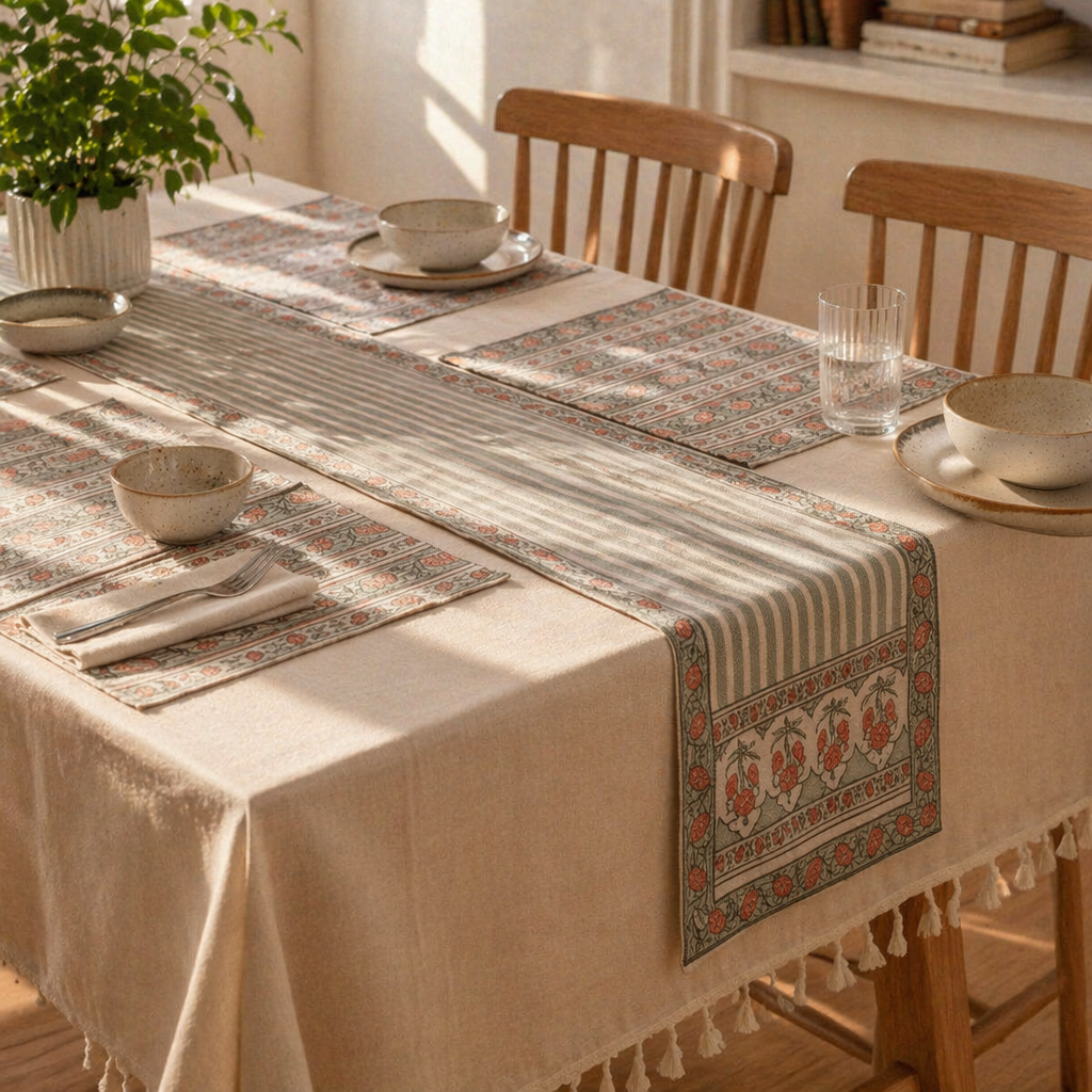 Green & Dusty Pink Floral Cotton Runner & Mat Set, The Gathered Table. Handmade in India by House of Taraasha.