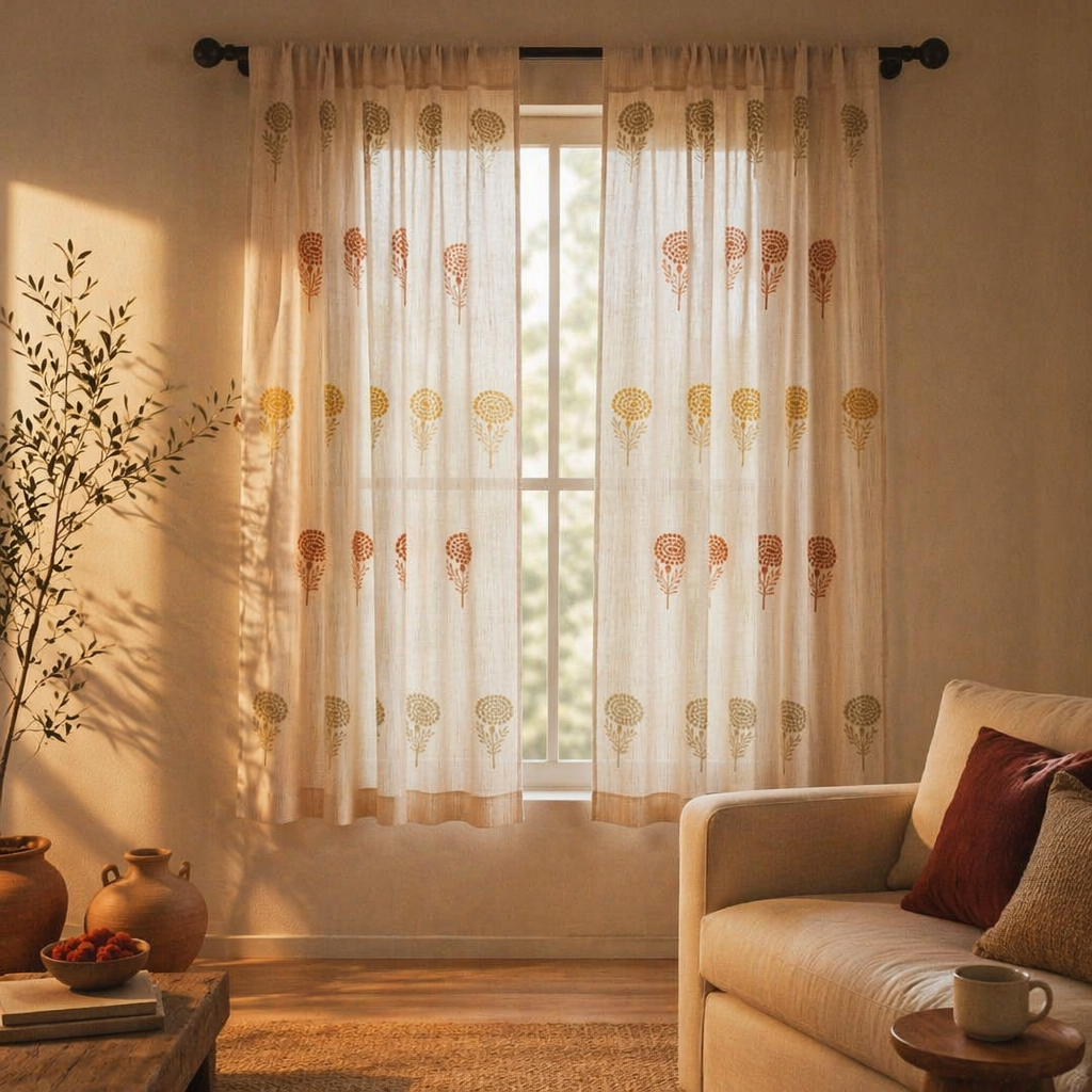 Sheer Rust, Mustard and Taupe Mulmul Curtain, The Draped Window. Handmade in India by House of Taraasha.