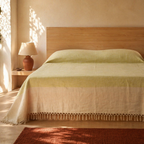 Leaf Green and Beige Handwoven Cotton Bed Cover, The Linen Room. Handmade in India by House of Taraasha.