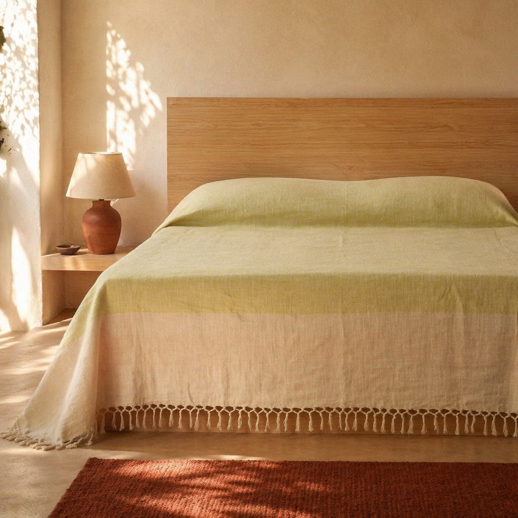 Leaf Green and Beige Handwoven Cotton Bed Cover, The Linen Room. Handmade in India by House of Taraasha.