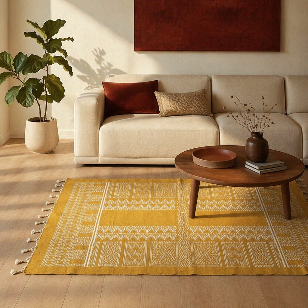 Mandana Mustard Hand-Printed Tribal Pattern Cotton Rug, The Woven Floor. Handmade in India by House of Taraasha.