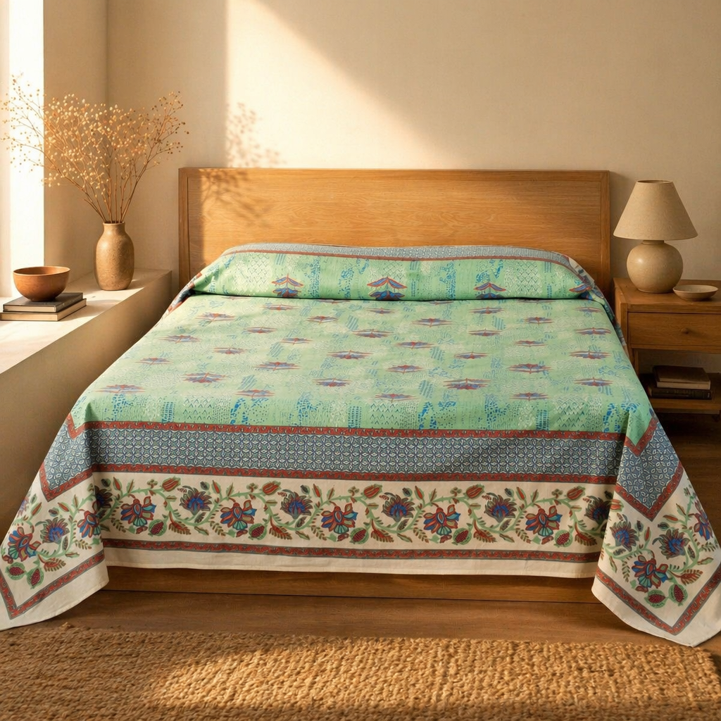 Chintz Aqua, Navy and Peach Bed Cover, The Linen Room. Handmade in India by House of Taraasha.