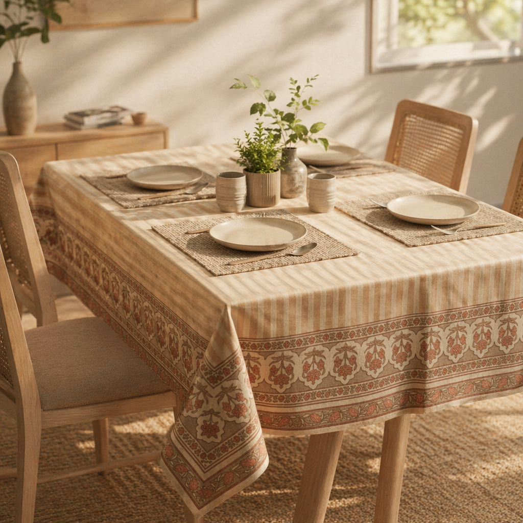 Dusty Pink Floral Cotton Tablecloth & Mat Set, The Gathered Table. Handmade in India by House of Taraasha.