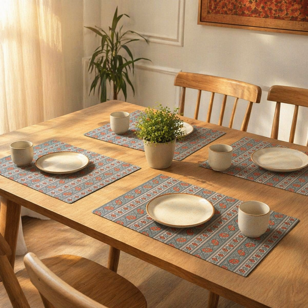 Green & Dusty Pink Floral Cotton Table Mat, The Gathered Table. Handmade in India by House of Taraasha.