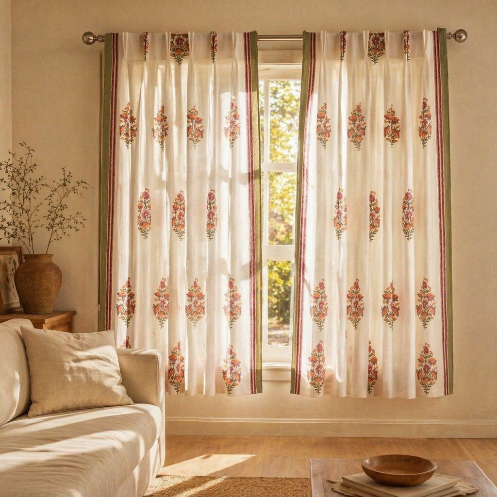 Floral Block-Print Sheer Pure Cotton Window Curtain, The Draped Window. Handmade in India by House of Taraasha.