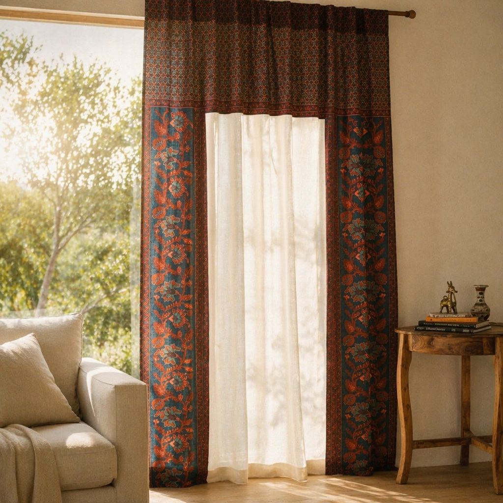 Chintz Single Panel Ivory, Maroon and Navy Cotton Curtain, The Draped Window. Handmade in India by House of Taraasha.