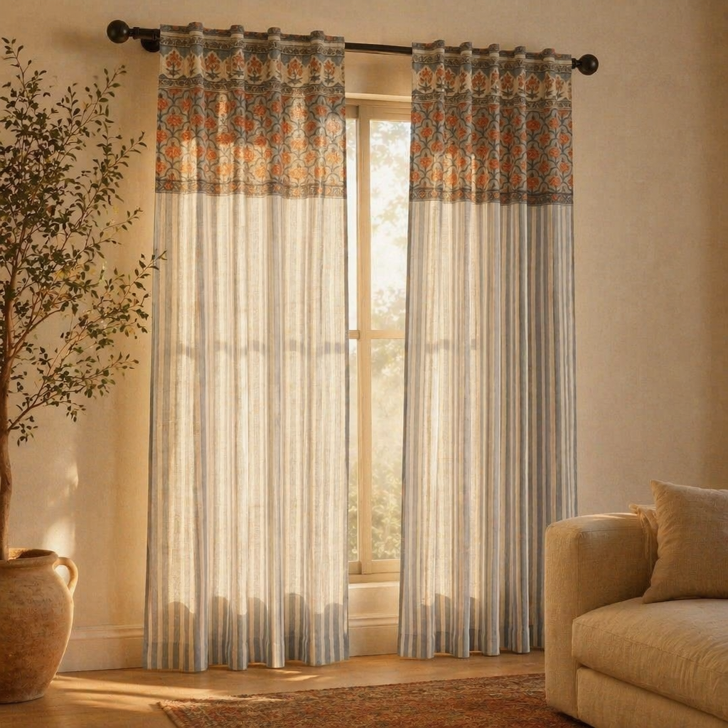 Ornate Floral and Bold Stripe Cotton Door Curtain, The Draped Window. Handmade in India by House of Taraasha.