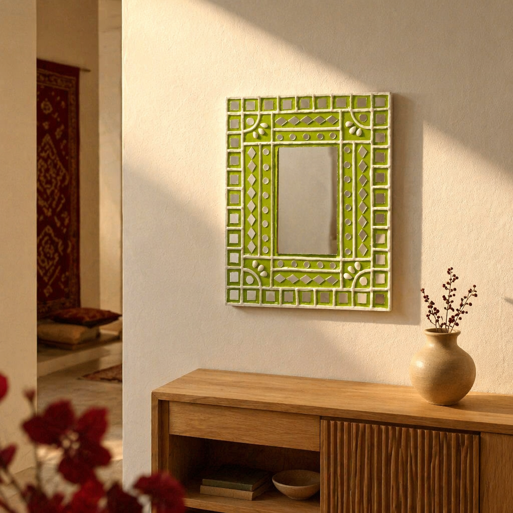 Lime Green Lippan Mirror Kutch Clay and Glass, The Art Wall. Handmade in India by House of Taraasha.