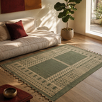 Jaipuri Olive Hand Block-Printed Cotton Dhurrie, The Woven Floor. Handmade in India by House of Taraasha.