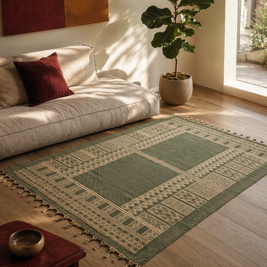 Jaipuri Olive Hand Block-Printed Cotton Dhurrie, The Woven Floor. Handmade in India by House of Taraasha.