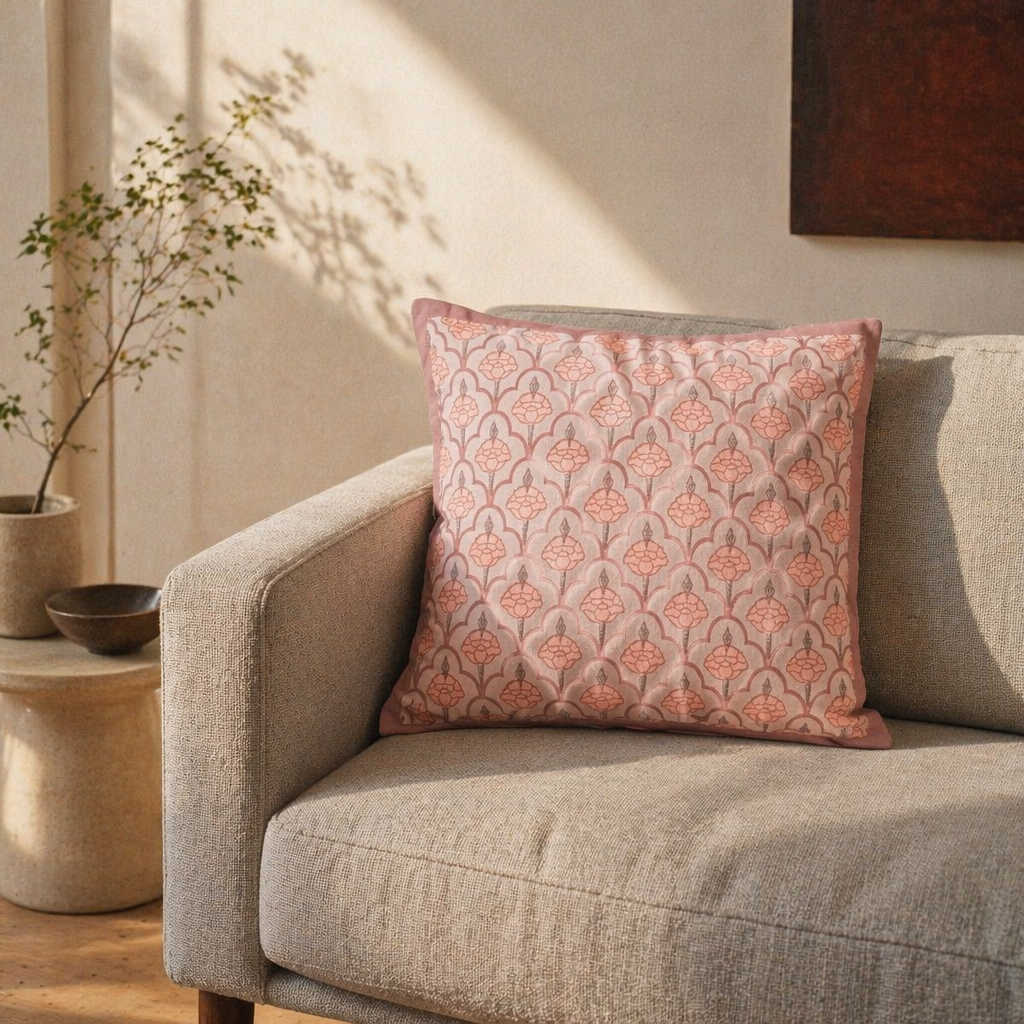 Jaali Dusty Pink Hand-Printed Cushion Cover, The Living Room. Handmade in India by House of Taraasha.