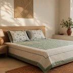 Teal & Off-White Jaipuri Marigold Bedsheet, The Linen Room. Handmade in India by House of Taraasha.