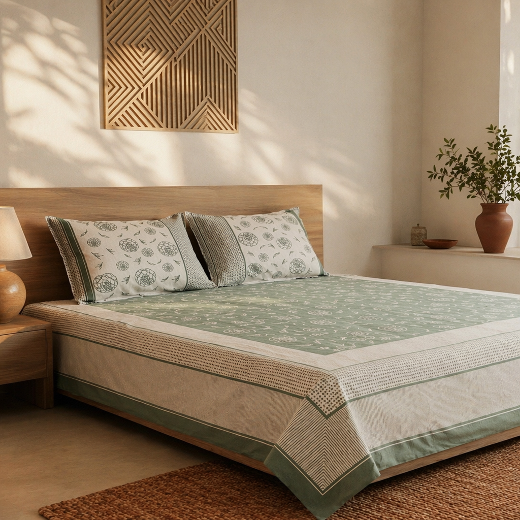 Teal & Off-White Jaipuri Marigold Bedsheet, The Linen Room. Handmade in India by House of Taraasha.