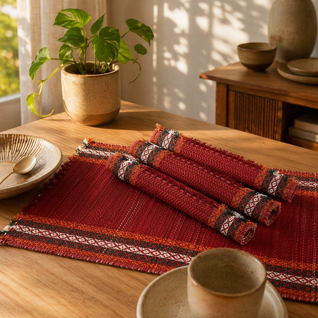 Ruby Red Handwoven Grass Table Mat, The Gathered Table. Handmade in India by House of Taraasha.